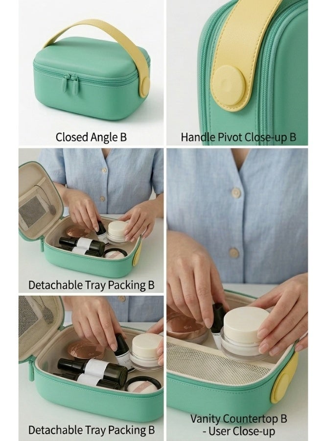 حقيبة تنظيم مستحضرات تجميل بيضاوية الشكل بمقبض علوي عريض، وسحاب مزدوج، وحقيبة مكياج احترافية مقاومة للصدمات، وحقيبة أدوات تجميل عملية للسفر، وحقيبة تخزين متعددة الأقسام مع جيب علوي شبكي، وحوامل فرش مرنة، وحقيبة مستحضرات تجميل متينة للاستخدام اليومي، ومجموعة أدوات فنان المكياج، وتخزين منتجات العناية بالبشرة وأدوات النظافة، وحقيبة تنظيم مستحضرات تجميل محمولة للسفر والمنزل (أخضر) - Image 4