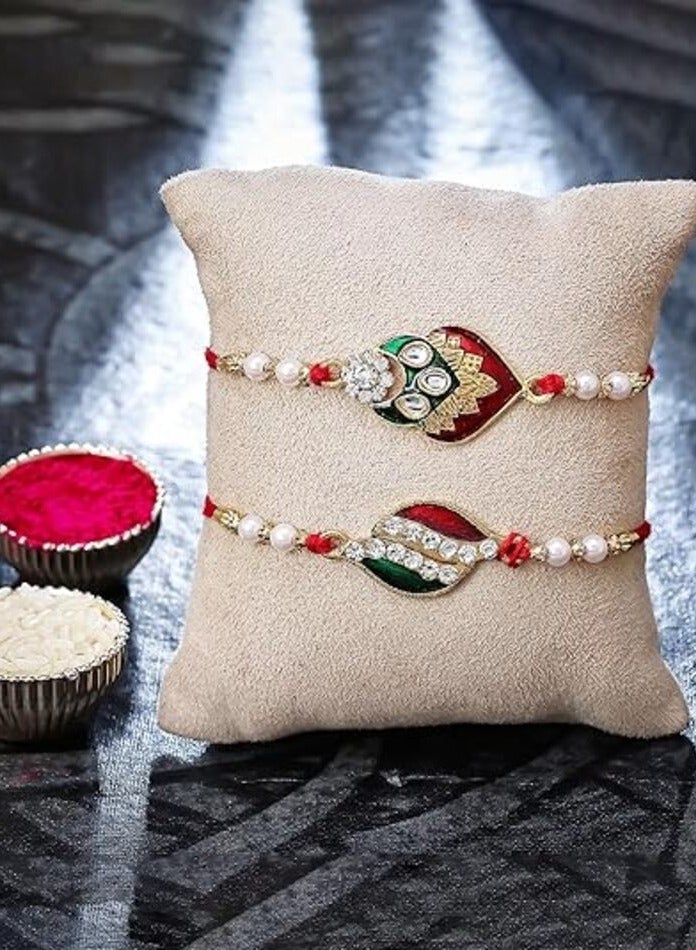 Sukkhi Rakhi Exquisite Kundan Rakhi Combo and Designer Gold Plated Premium Rakhi for Brother, Roli Chawal and Greeting Card|Rakhi for Bhaiya Rakhi for MEN Kundan Rakhi|Rakhi 2 pieces - Image 2