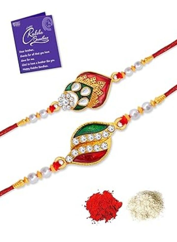 Sukkhi Rakhi Exquisite Kundan Rakhi Combo and Designer Gold Plated Premium Rakhi for Brother, Roli Chawal and Greeting Card|Rakhi for Bhaiya Rakhi for MEN Kundan Rakhi|Rakhi 2 pieces - Image 4