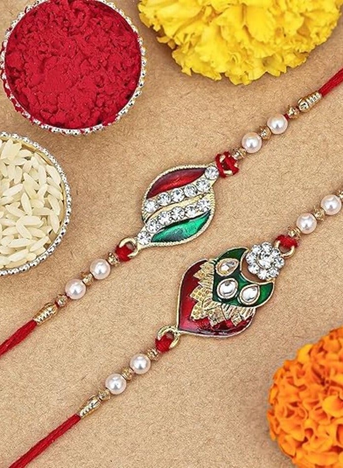 Sukkhi Rakhi Exquisite Kundan Rakhi Combo and Designer Gold Plated Premium Rakhi for Brother, Roli Chawal and Greeting Card|Rakhi for Bhaiya Rakhi for MEN Kundan Rakhi|Rakhi 2 pieces - Image 1