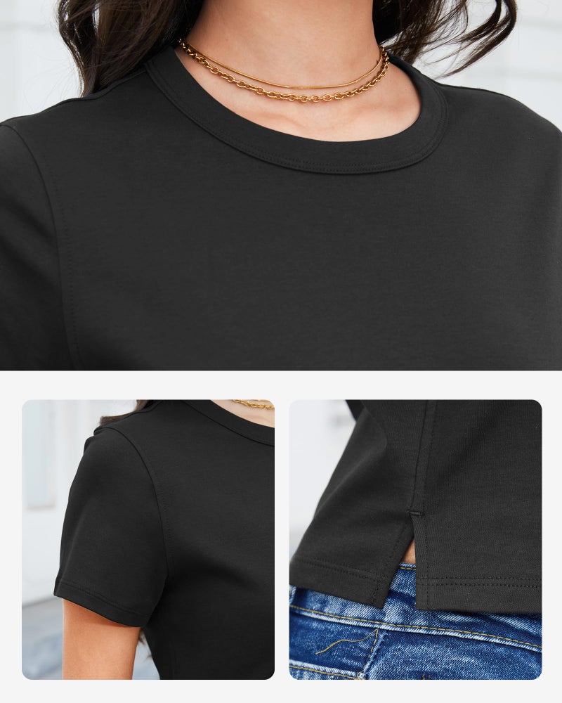 Stelle Women's Cotton T-Shirts Crewneck Short Sleeve Basic Tees Summer Casual Solid Crop Tops(Black,M) - Image 4