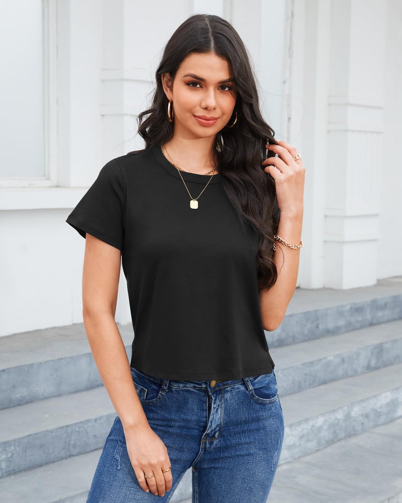 Stelle Women's Cotton T-Shirts Crewneck Short Sleeve Basic Tees Summer Casual Solid Crop Tops(Black,M) - Image 3