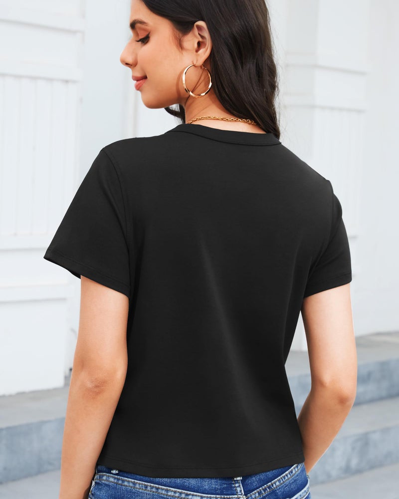 Stelle Women's Cotton T-Shirts Crewneck Short Sleeve Basic Tees Summer Casual Solid Crop Tops(Black,M) - Image 2