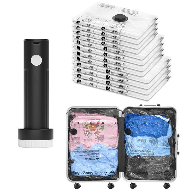 TRAVEL VACUUM BAGS FOR LUGGAGE WITH PORTABLE ELECTRIC PUMP 12 COMBO 4L4M4S PACKING SEAL BAGS FOR CLOTHING SUITCASE BACKPACK SPACE SAVER COMPRESSION CLOTHES STORAGE BAGS