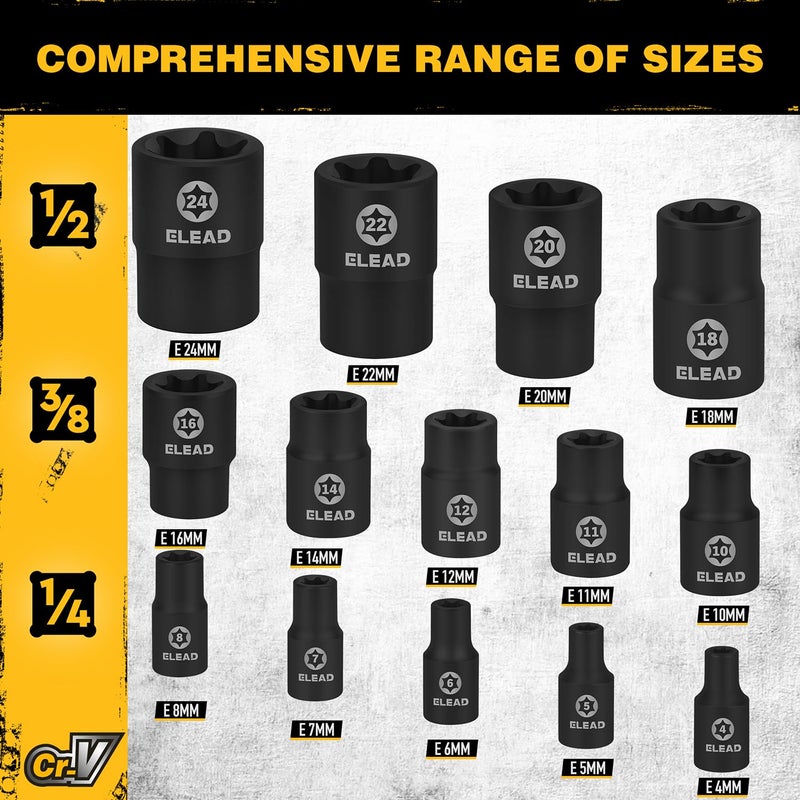 ELEAD 17-Piece Inverted E-Torx Socket Set - Premium Impact Cr-V Steel E4 - E24 Star Female Sockets for Impact Wrench 1/2 3/8 1/4 Drive Precision Torque Kit with Storage Case - Image 3