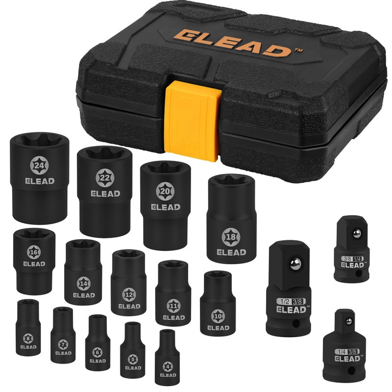 ELEAD 17-Piece Inverted E-Torx Socket Set - Premium Impact Cr-V Steel E4 - E24 Star Female Sockets for Impact Wrench 1/2 3/8 1/4 Drive Precision Torque Kit with Storage Case - Image 1