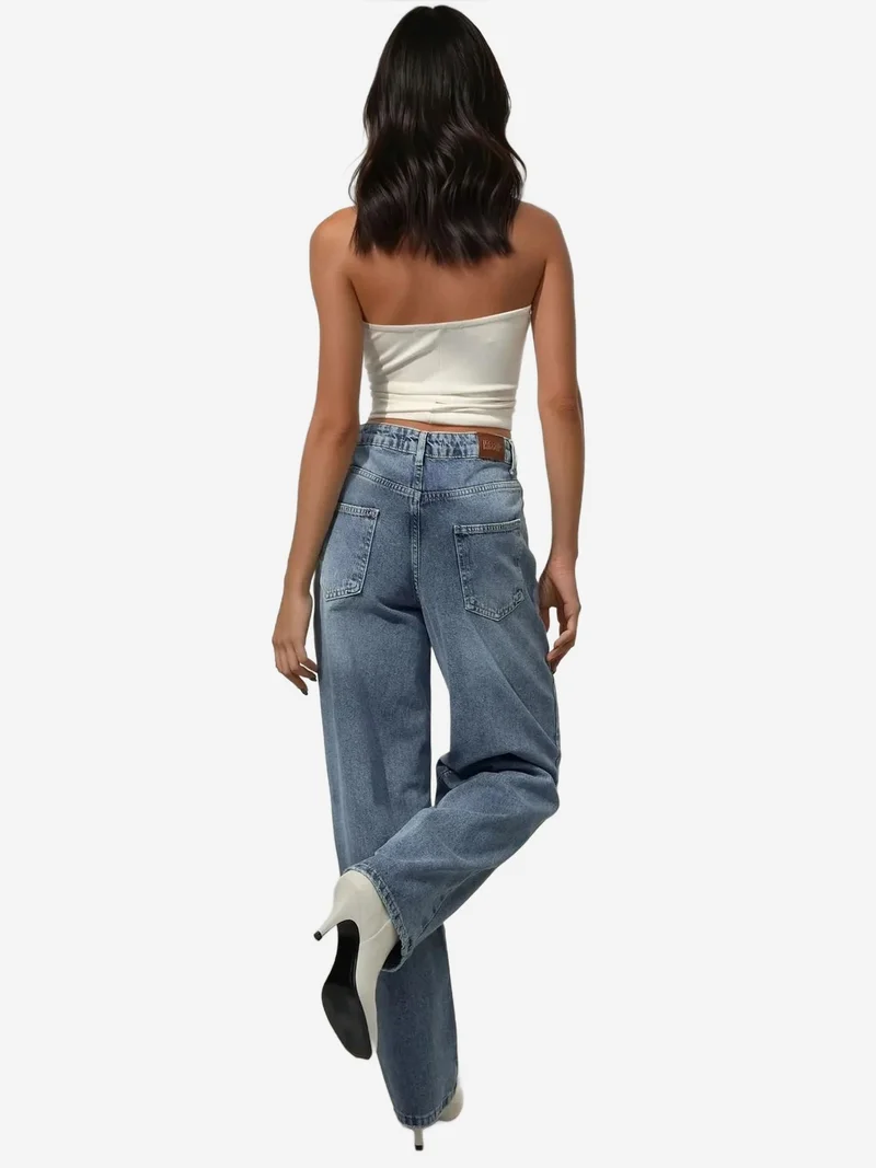 Hiccup Mid Blue Denim Wide Leg Baggy Fit Denim Jeans for Women | Best Price UAE