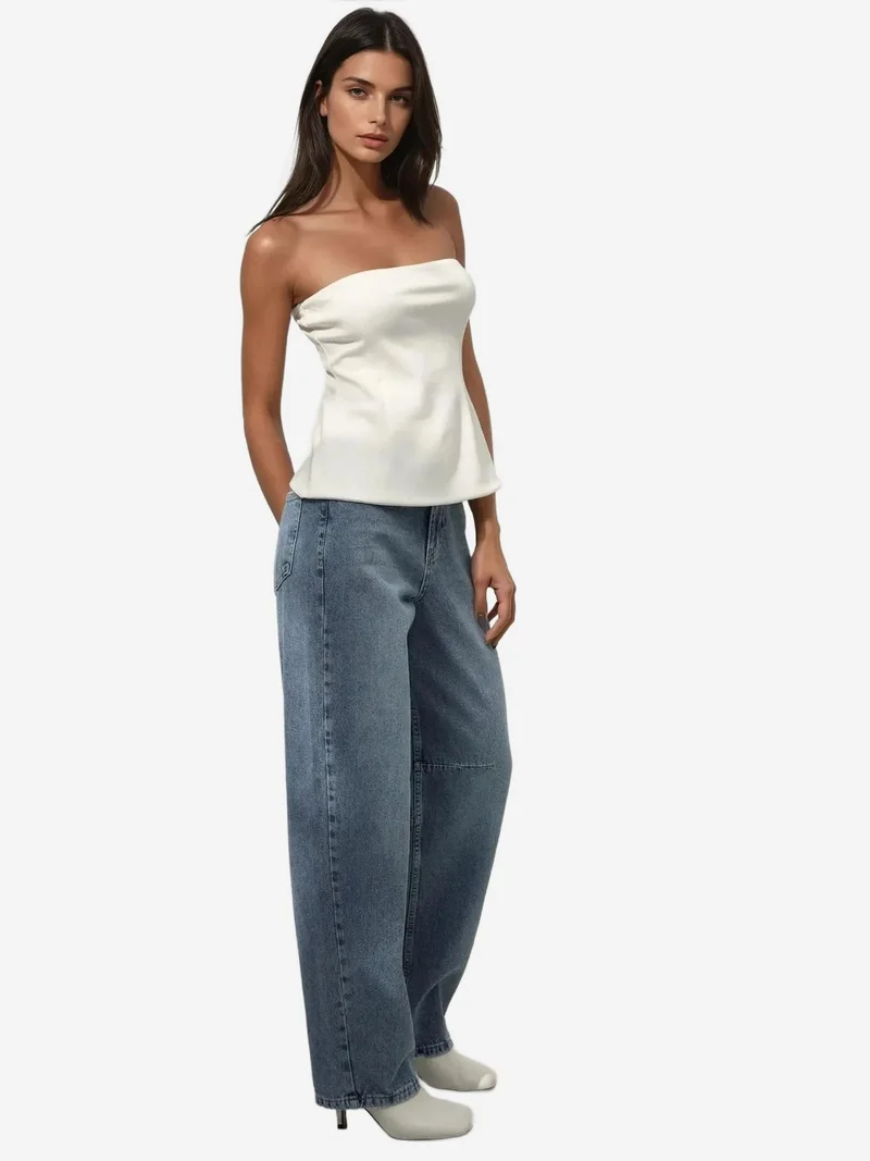 Hiccup Mid Blue Denim Wide Leg Baggy Fit Denim Jeans for Women | Best Price UAE