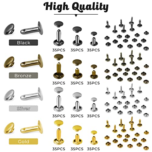 Jetmore 420 Sets Leather Rivets, Rivets for Leather Crafting, 4 Colors and 3 Sizes Leather Rivet Kit with 3pcs Leather Tools, Rivets for Fabric, Remaches para Cuero, Double Cap Brass Rivets for Decoration - Image 3