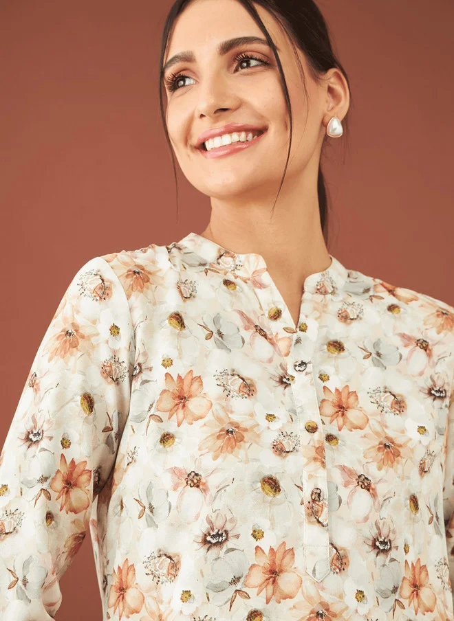 Salt Attire SALT ATTIRE Floral Printed Mandarin Collar Crepe Tunic