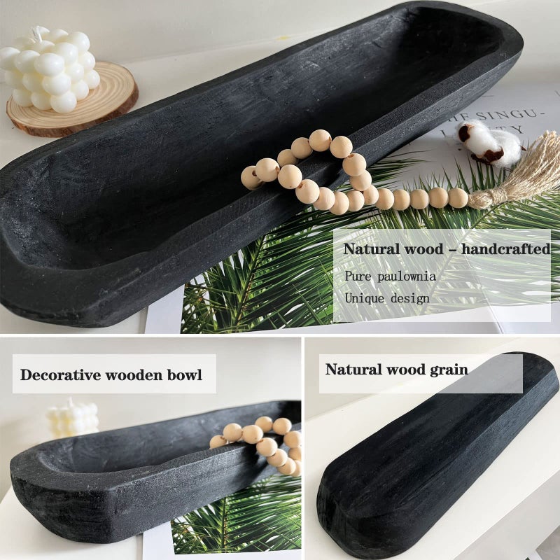 BEDAZE Wooden Dough Bowls Decorativeï¼ŒRustic Bread Long Bowls Decor Wood Tray, Hand Carved For Table Centerpiece Decor, Home Decor (20 * 6 * 2 inch Black) - Image 3