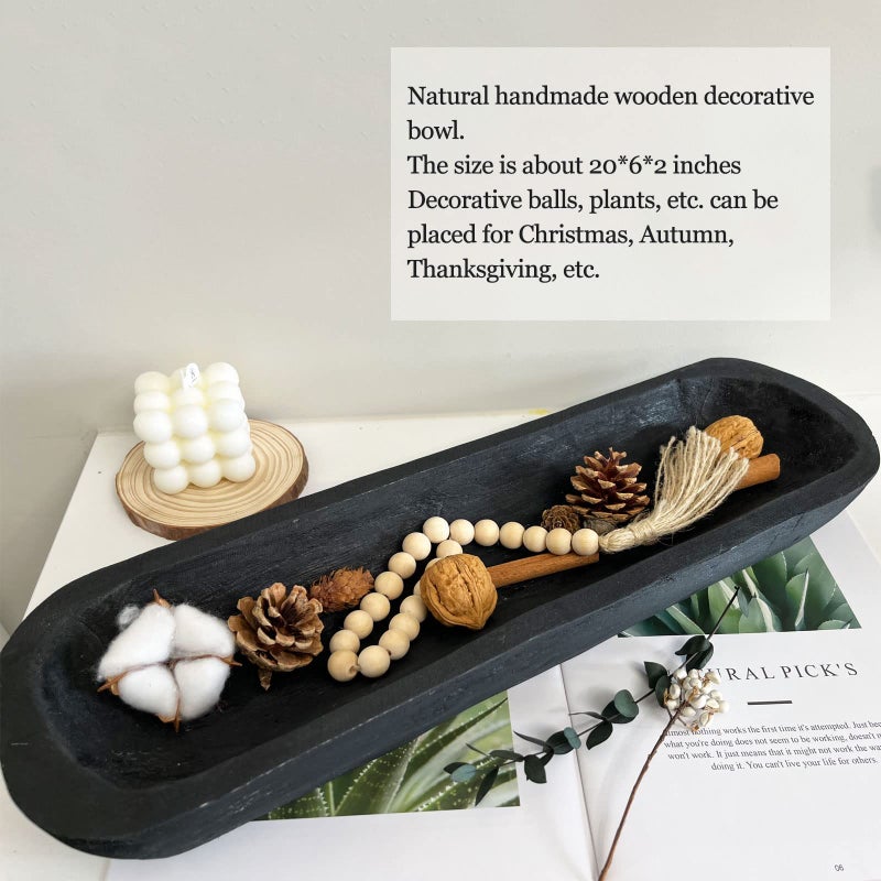BEDAZE Wooden Dough Bowls Decorativeï¼ŒRustic Bread Long Bowls Decor Wood Tray, Hand Carved For Table Centerpiece Decor, Home Decor (20 * 6 * 2 inch Black) - Image 4