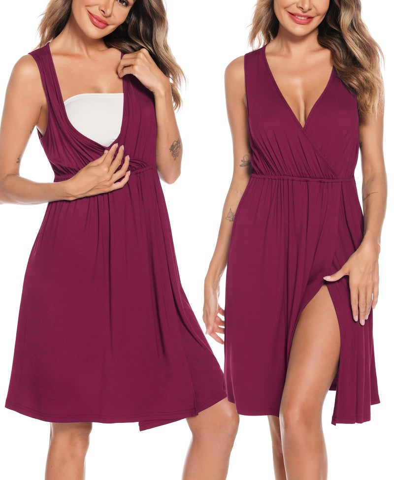 SWOMOG Women Maternity Nursing Gown and Robe Set 3 in 1 Labor Delivery Nursing Nightgown for Breastfeeding Hospital Bathrobe Wineberry - Image 2