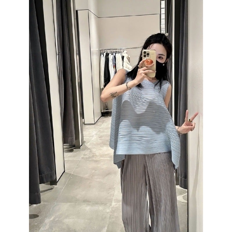Miyake Fashionable Top Pleated Top Sleeveless Loose Mid-Length Niche Design Round Neck Slimming Look T-Shirt - Image 3