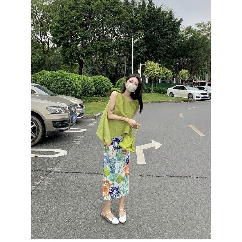 Miyake Fashionable Top Pleated Top Sleeveless Loose Mid-Length Niche Design Round Neck Slimming Look T-Shirt - Image 5