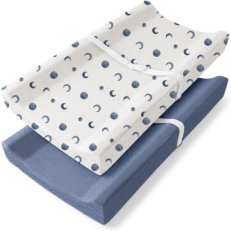 Bearmoss Changing Pad Cover 2 Pack Muslin 100 Cotton Diaper Changing Table Covers 32 x 16 Soft Breathable Changing Pad Sheets for Unisex Baby Girls and Boys with Strap Holes Bluemoon - Image 2