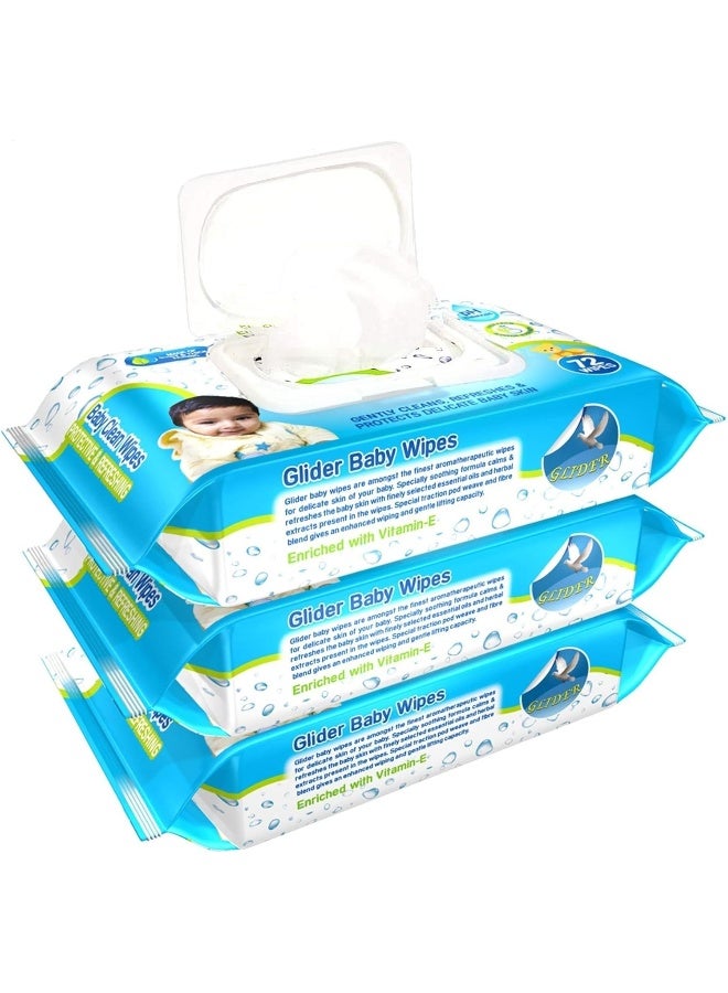 GLIDER Glider Baby Wipes - with Moisture Lock Flip-Top, Contains Aloe Vera & Vitamin E, pH balanced with No Parabens & Chlorine (Pack of 3 (216 Wipes)) - Image 1