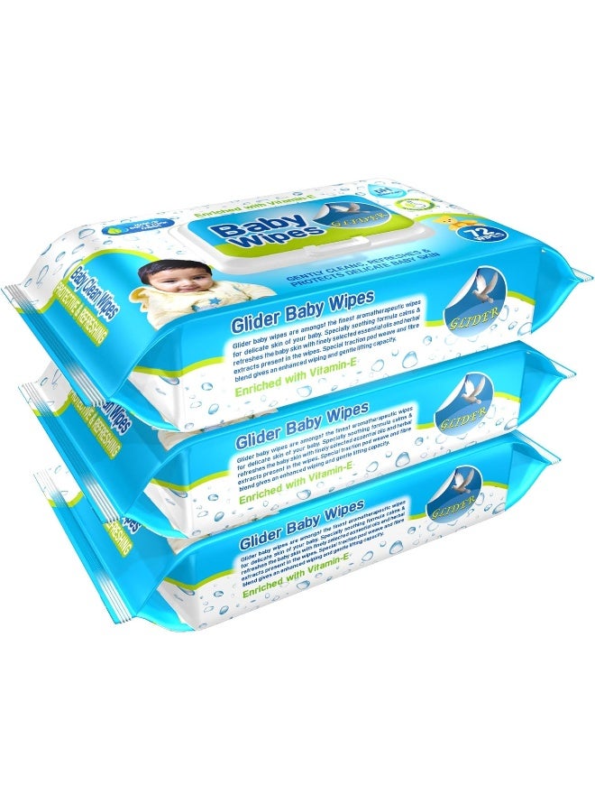 GLIDER Glider Baby Wipes - with Moisture Lock Flip-Top, Contains Aloe Vera & Vitamin E, pH balanced with No Parabens & Chlorine (Pack of 3 (216 Wipes)) - Image 2