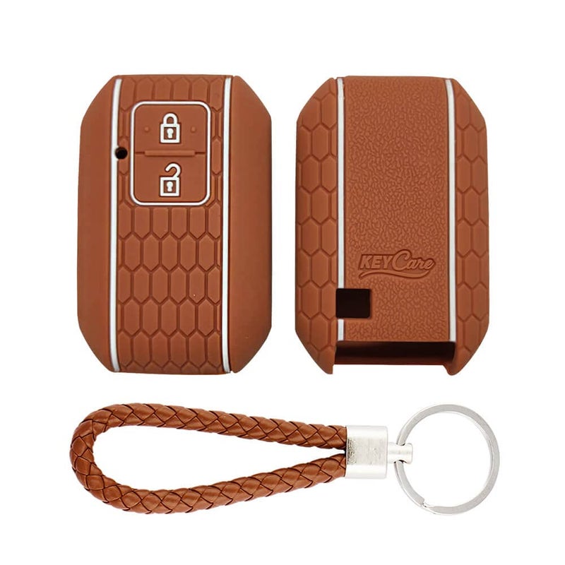 KCARE Keycare Silicone Key Cover and Keychain Compatible for Glanza, Urban Cruiser Taisor, Rumion, Urban Cruiser Hyryder 2 Button Smart Key (KCMini Brown Keyring) - Image 1