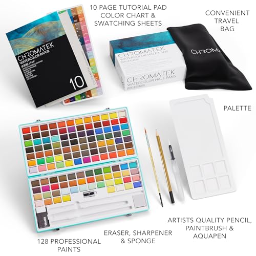 CHROMATEK Watercolor Paint Set – 128 Vibrant Colors for Artists & Beginners with Palette – Includes Metallic, Fluorescent, Pastel & Opaque Shades, Brushes, Pad, Swatch Sheets & Travel Case - Image 2