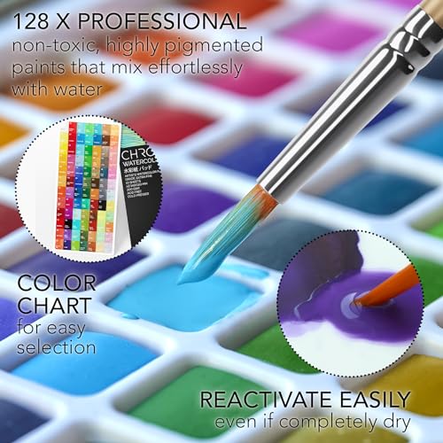 CHROMATEK Watercolor Paint Set – 128 Vibrant Colors for Artists & Beginners with Palette – Includes Metallic, Fluorescent, Pastel & Opaque Shades, Brushes, Pad, Swatch Sheets & Travel Case - Image 4