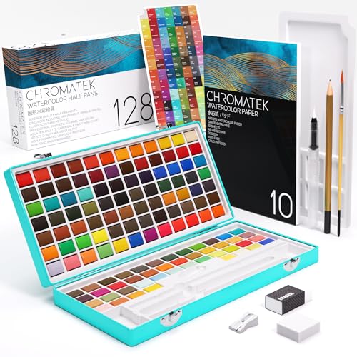 CHROMATEK Watercolor Paint Set – 128 Vibrant Colors for Artists & Beginners with Palette – Includes Metallic, Fluorescent, Pastel & Opaque Shades, Brushes, Pad, Swatch Sheets & Travel Case - Image 1