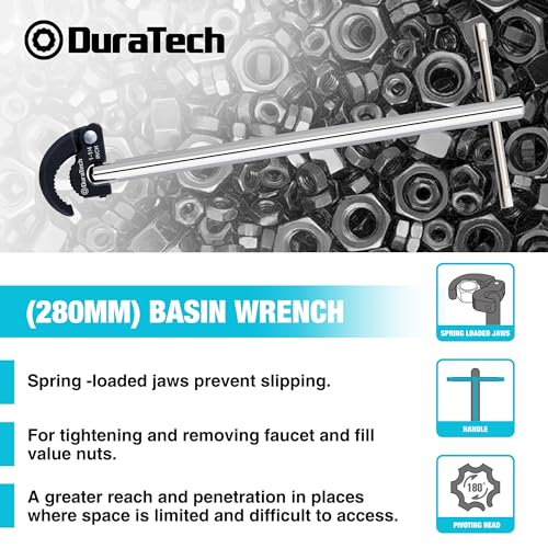DURATECH مفتاح حوض DURATECH 11 بوصة، مفتاح حوض، مفتاح صنبور قابل للتعديل، مفتاح حوض بسعة من 3/8 بوصة إلى 1-1/4 بوصة لإصلاح الصواميل الخلفية والاتحاد تحت الحوض - Image 3