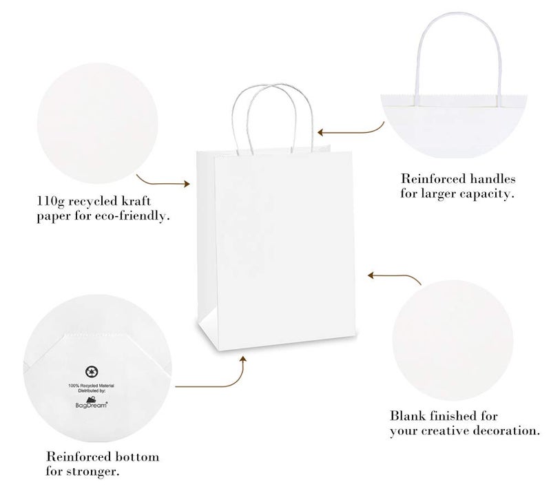 BagDream Gift Bags 8x4.25x10.5 100Pcs Kraft Paper Bags with Handles Bulk, White Gift Bags Medium Shopping Retail Merchandise Wedding Party Favor Bags, Paper Grocery Bags Sacks Recyclable - Image 5