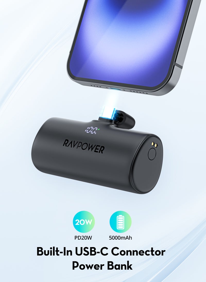 RAVPOWER 5000 mAh Mini Power Bank with Built-in Type-C Charger and 20W Type-C Port with Type-C to Type-C Cable Black - Image 3
