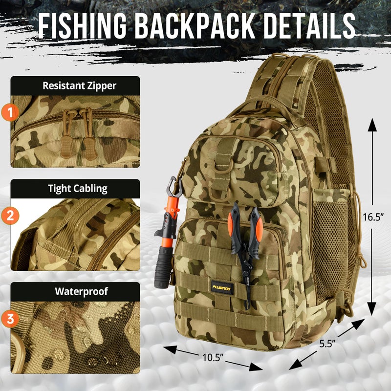 PLUSINNO Fishing Backpack with Tackle Boxes, Waterproof Fishing Sling Tackle Bag For Fishing Gear With Rod Holder, Fishing Gifts for Men With Fishing lures, Fishing pliers. - Image 2