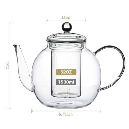 Wlasss 1530 ml/52 oz Large Glass Teapot with Removable Infuser, Clear Tea Kettle Stovetop Safe for Loose Leaf and Blooming Tea, Tea Lover's Choice - Image 3
