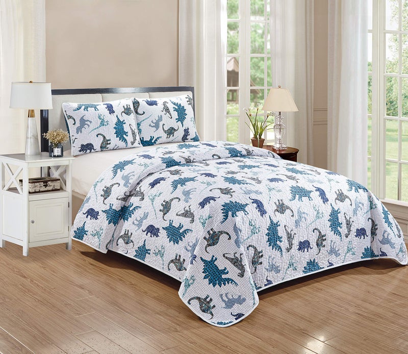 Kids Zone Home Linen Kids Zone Dinosaurs Quilted Bedspread Set for BoysTeens Blue Navy Blue Black White Dino Kingdom New FullQueen 