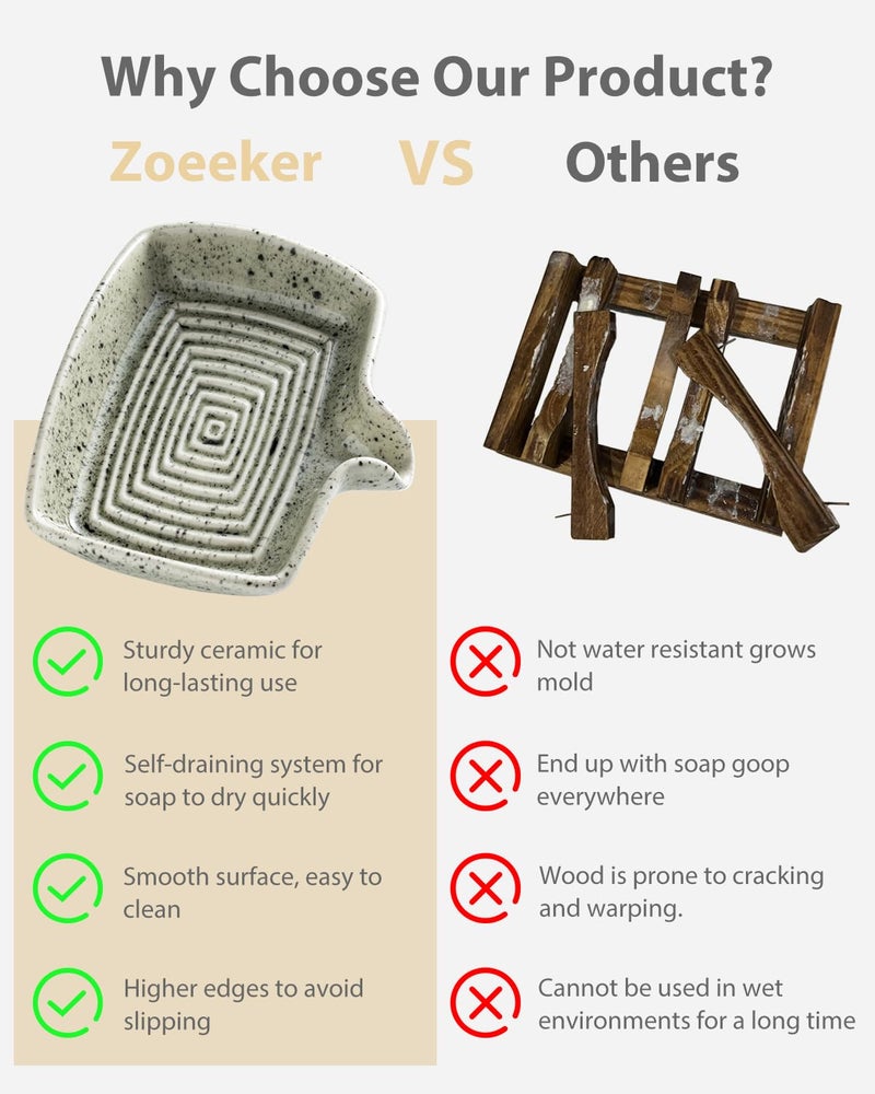 Zoeeker Self Draining Soap Dish, Ceramic Drain Soap Holder Waterfall Design Soap Saver for Shower, Bathroom, Sink, Kitchen and Countertop, Keeps Dry, Speckled Glaze - Image 4