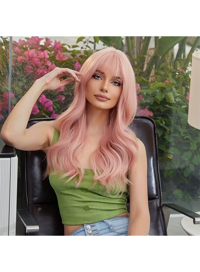 BERON 26 Inches Pink Wig Long Wavy Wig with Bangs Synthetic Wig Long Wig Pink Wigs for Daily Party with Wig Cap