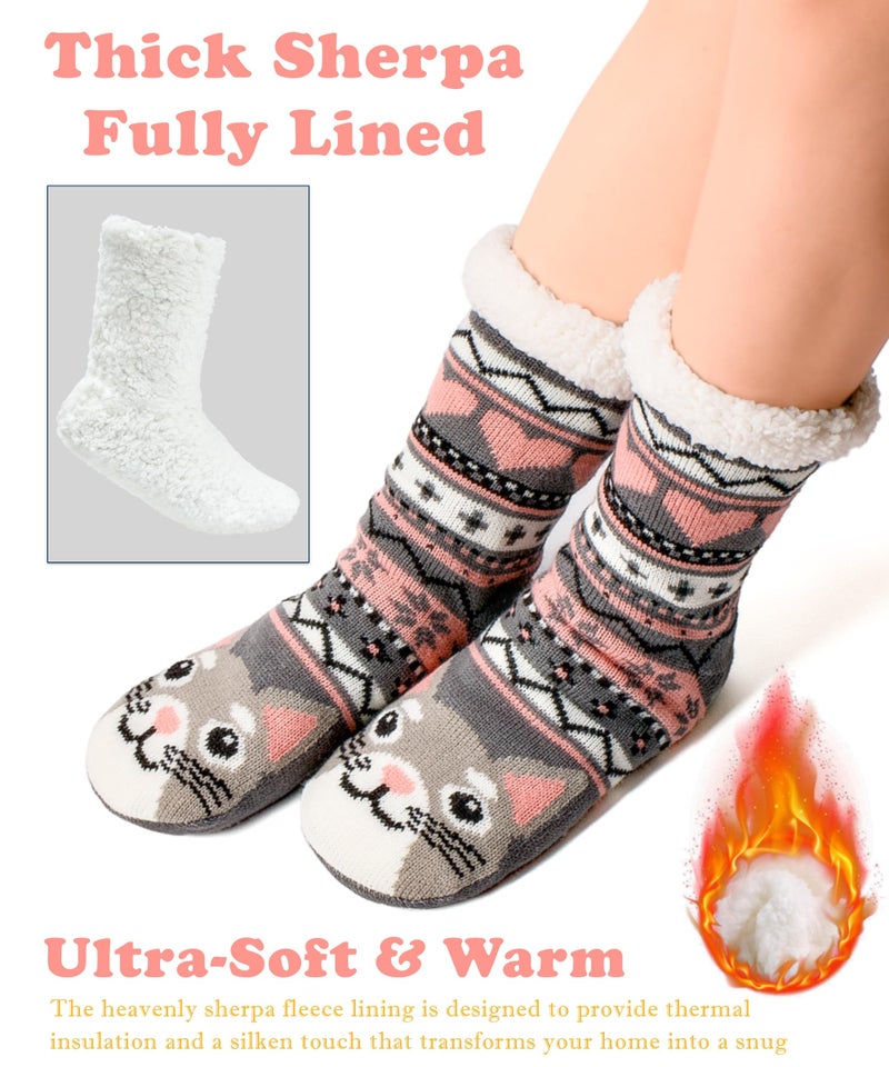 cosyone1997 Fuzzy Slipper Socks for Women Teens with Grips, Sherpa Lined Cozy Animal Winter Socks Kitty Cat Size 6â€“10 - Image 4