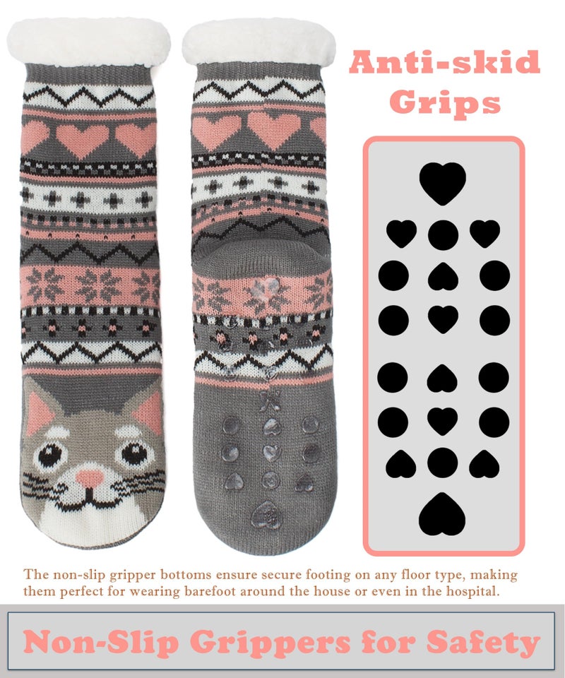 cosyone1997 Fuzzy Slipper Socks for Women Teens with Grips, Sherpa Lined Cozy Animal Winter Socks Kitty Cat Size 6â€“10 - Image 5