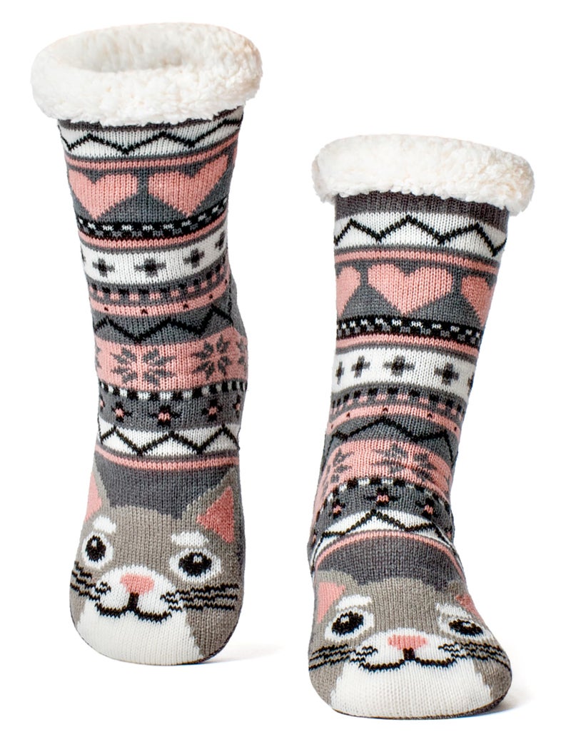 cosyone1997 Fuzzy Slipper Socks for Women Teens with Grips, Sherpa Lined Cozy Animal Winter Socks Kitty Cat Size 6â€“10 - Image 1