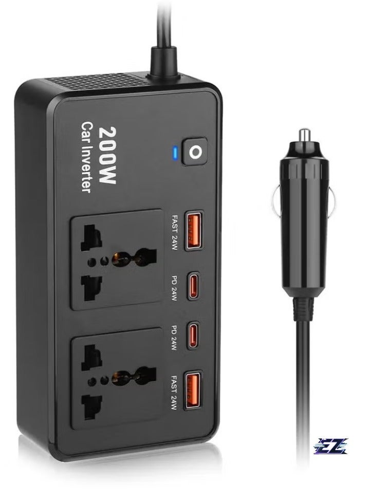 ELTRAZONE 200W Car Inverter 12V DC to 220V AC Power Adapter – Includes 2 USB-A & 2 Type-C Ports for Laptop, Computer, Smartphones – Compact and Portable Power Converter for Car Travel, Home & Office  - Image 1