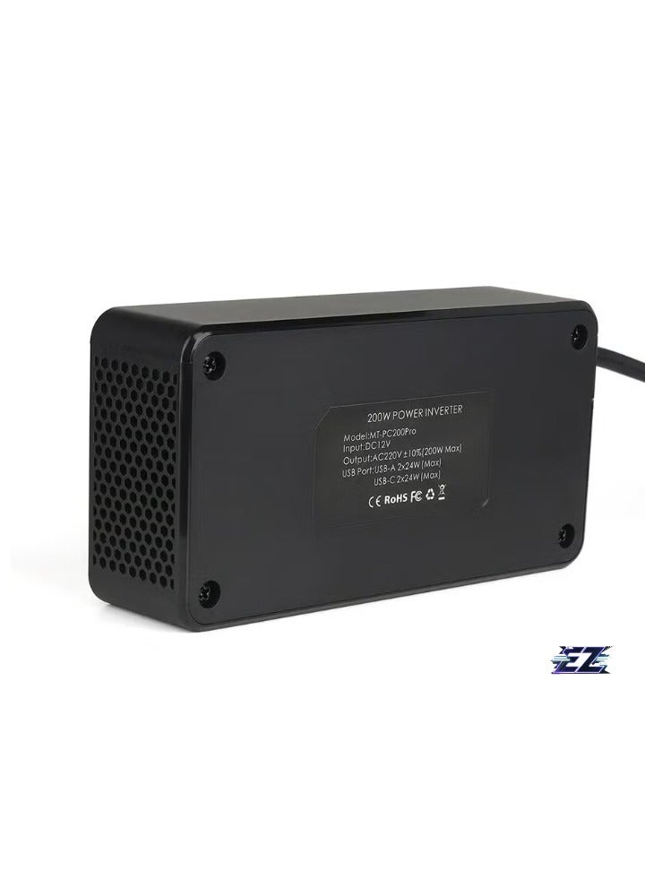 ELTRAZONE 200W Car Inverter 12V DC to 220V AC Power Adapter – Includes 2 USB-A & 2 Type-C Ports for Laptop, Computer, Smartphones – Compact and Portable Power Converter for Car Travel, Home & Office  - Image 2
