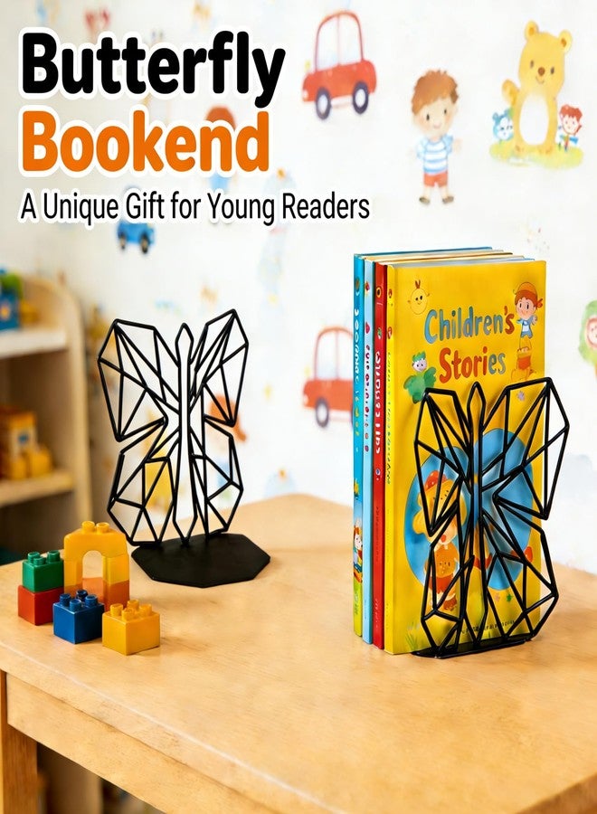 Alsonerbay Bookends Geometric Decorative Metal Book Stoppers Abstract Creative Book Supports, Book Holders for Shelves, Butterfly Book Ends for Office 1 Pair (Black) - Image 2