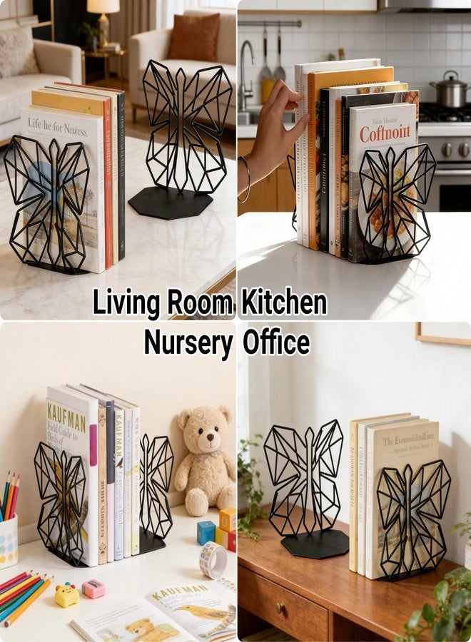 Alsonerbay Bookends Geometric Decorative Metal Book Stoppers Abstract Creative Book Supports, Book Holders for Shelves, Butterfly Book Ends for Office 1 Pair (Black) - Image 4