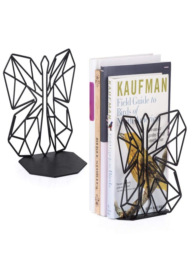 Alsonerbay Bookends Geometric Decorative Metal Book Stoppers Abstract Creative Book Supports, Book Holders for Shelves, Butterfly Book Ends for Office 1 Pair (Black) - Image 1