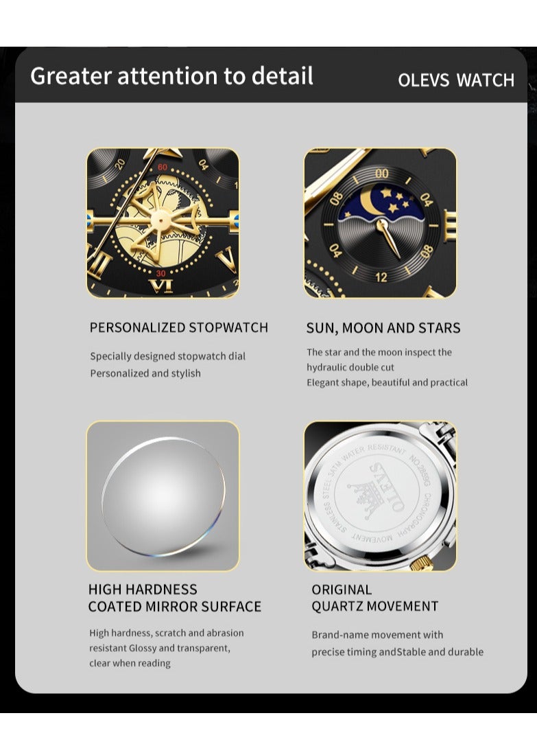 OLEVS Watches For Men Fashion Stainless Steel Quartz Chronograph Water Resistant Watch 42mm 2859Gold and Silver - Image 4