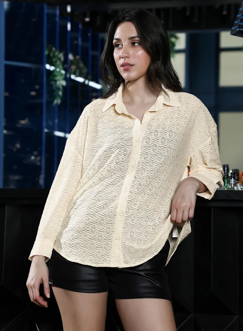PINACOLADA Women's Dunes-Tactile Oversized Shirt | Spread Collar , Long Button-Cuff Sleeves, Button Closure | Solid Textured Woven Shirt For Casual & Daily Wear | Off-White