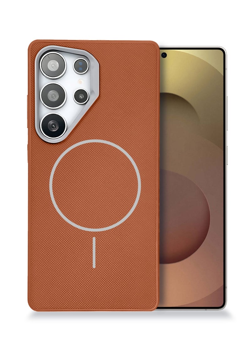 Wtech Samsung Galaxy S25 Ultra 5G 2025 Vegan Leather Phone Case, Protective Cover with Soft Touch, Elegant Design, Scratch Protection with Thin Magsafe Case Cover (MCMPMN) - Brown - Image 1