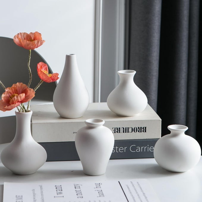 SMALL WHITE VASES CERAMIC BUD VASE SET OF 5 MINI POTTERY VASES FOR PAMPAS GRASS FLOWERS DECORATIVE VASES FOR HOME MODERN DECOR RUSTIC DECOR VESES FOR LIVING ROOM DINING TABLE SHELVES