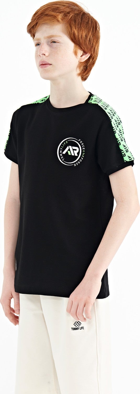 Tommy Life Black Shoulder Print Detailed Standard Pattern O Neck Boy T-Shirt - 11121 - Image 5