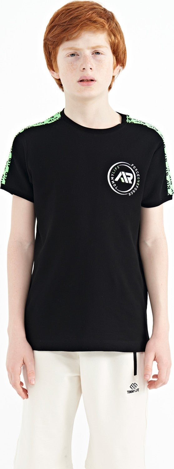 Tommy Life Black Shoulder Print Detailed Standard Pattern O Neck Boy T-Shirt - 11121 - Image 1