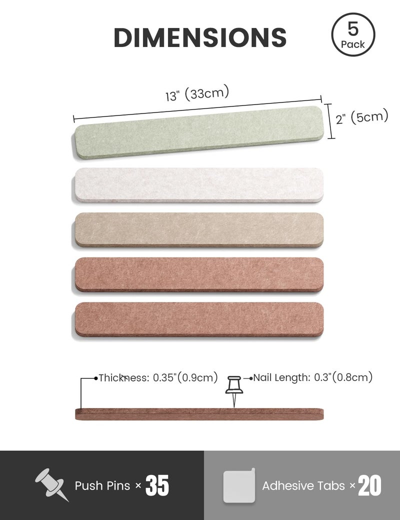 Fluxynara Cork Board Alternative Felt Strip Board 5-Pack 13"x2", Office Pin Board with 35 Push Pins, Adhesive Install for Bedroom Door & Home Office(Boho) - Image 2