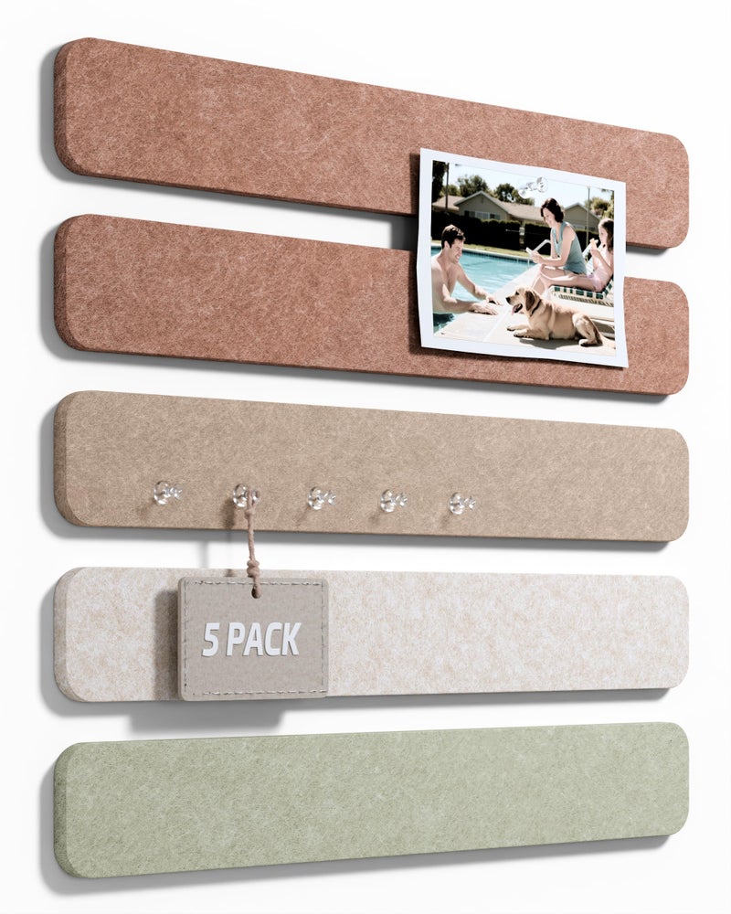 Fluxynara Cork Board Alternative Felt Strip Board 5-Pack 13"x2", Office Pin Board with 35 Push Pins, Adhesive Install for Bedroom Door & Home Office(Boho) - Image 1